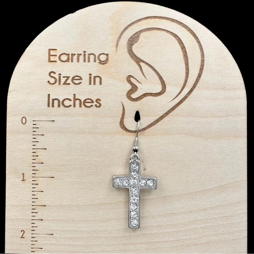 🌼 Silver Rhinestone Straight Christian Cross Simple Dangle Earrings - Picture 2 of 3